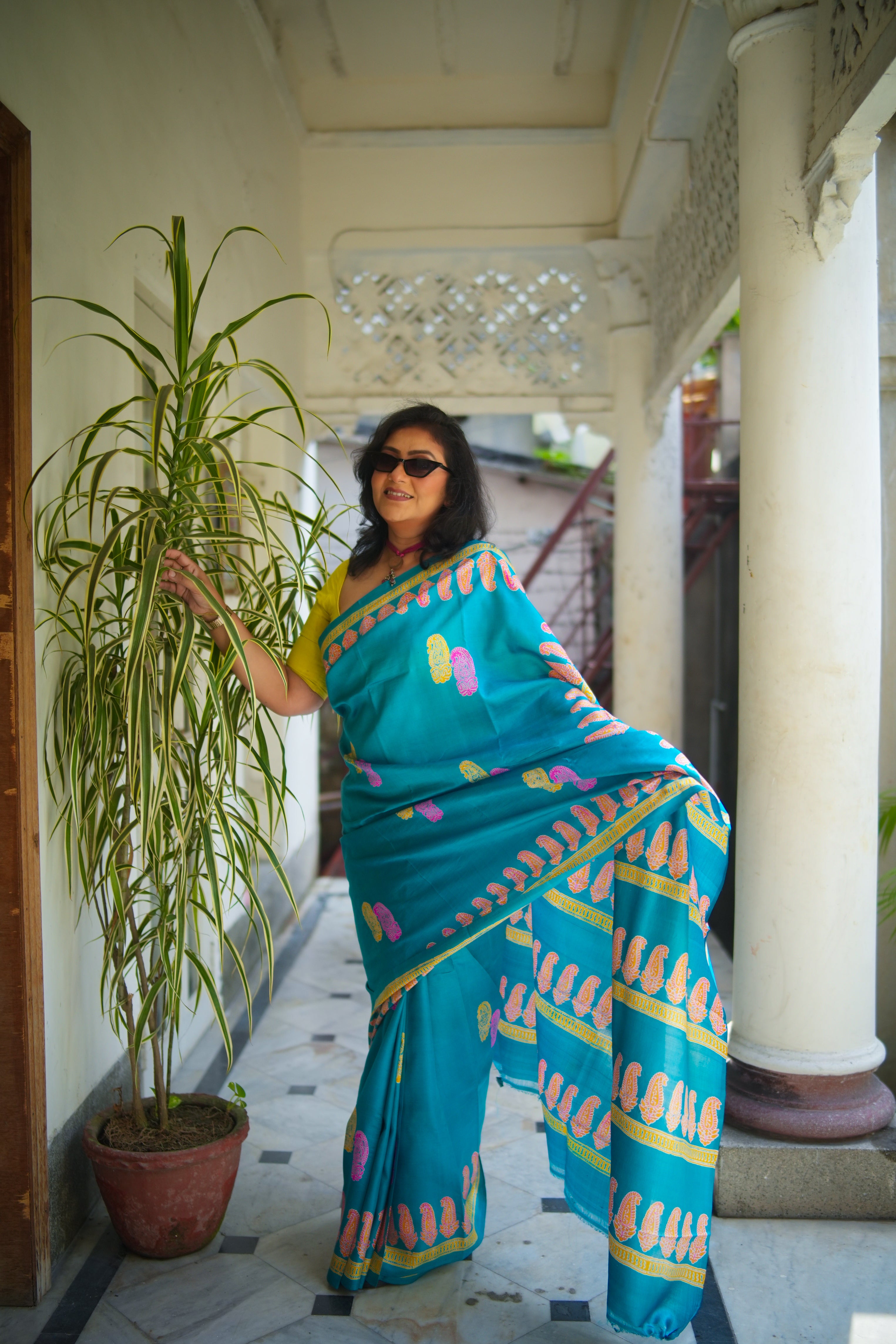 SAREE SILK T.BLUE DISCHARGE PRNT LALIE
