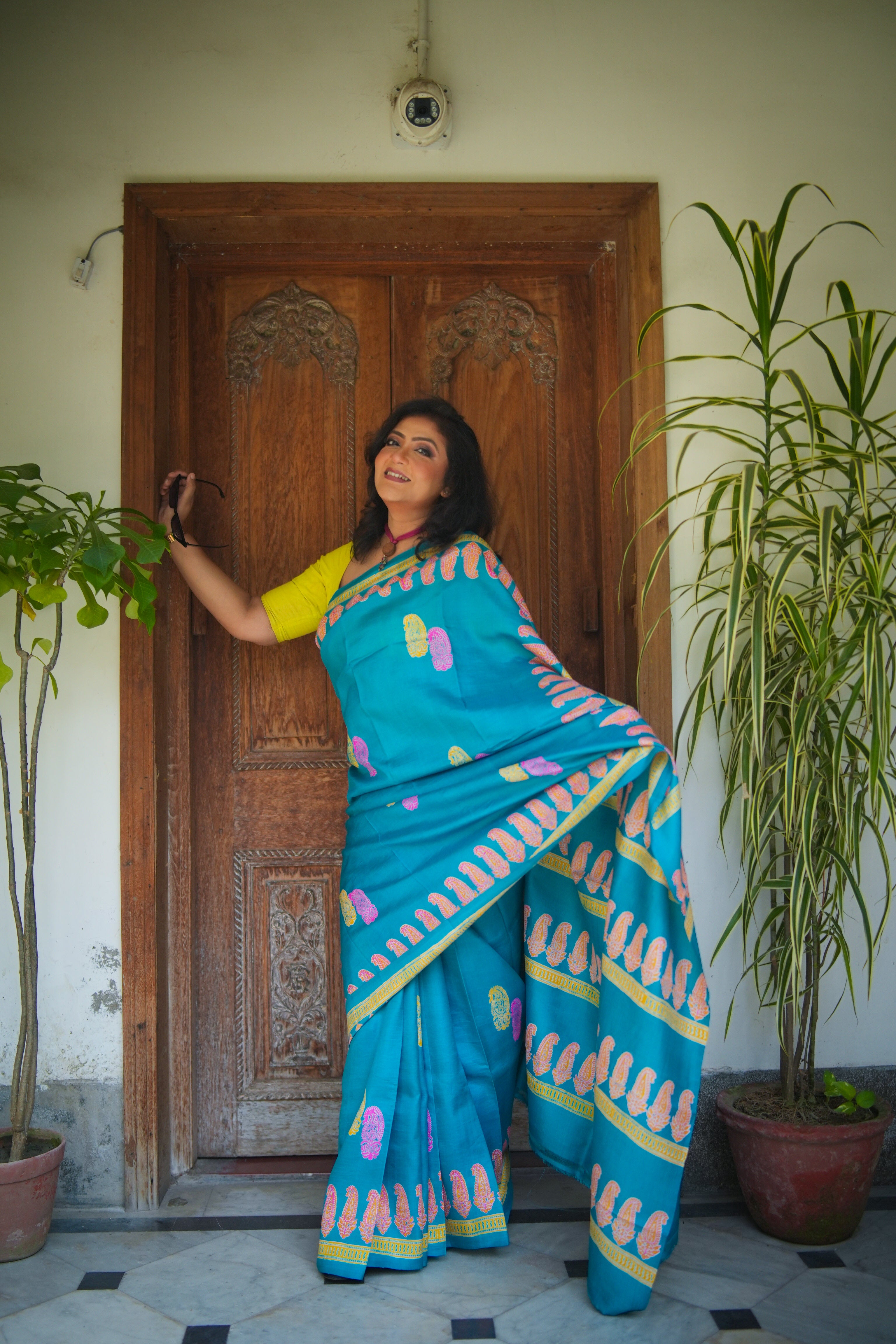 SAREE SILK T.BLUE DISCHARGE PRNT LALIE