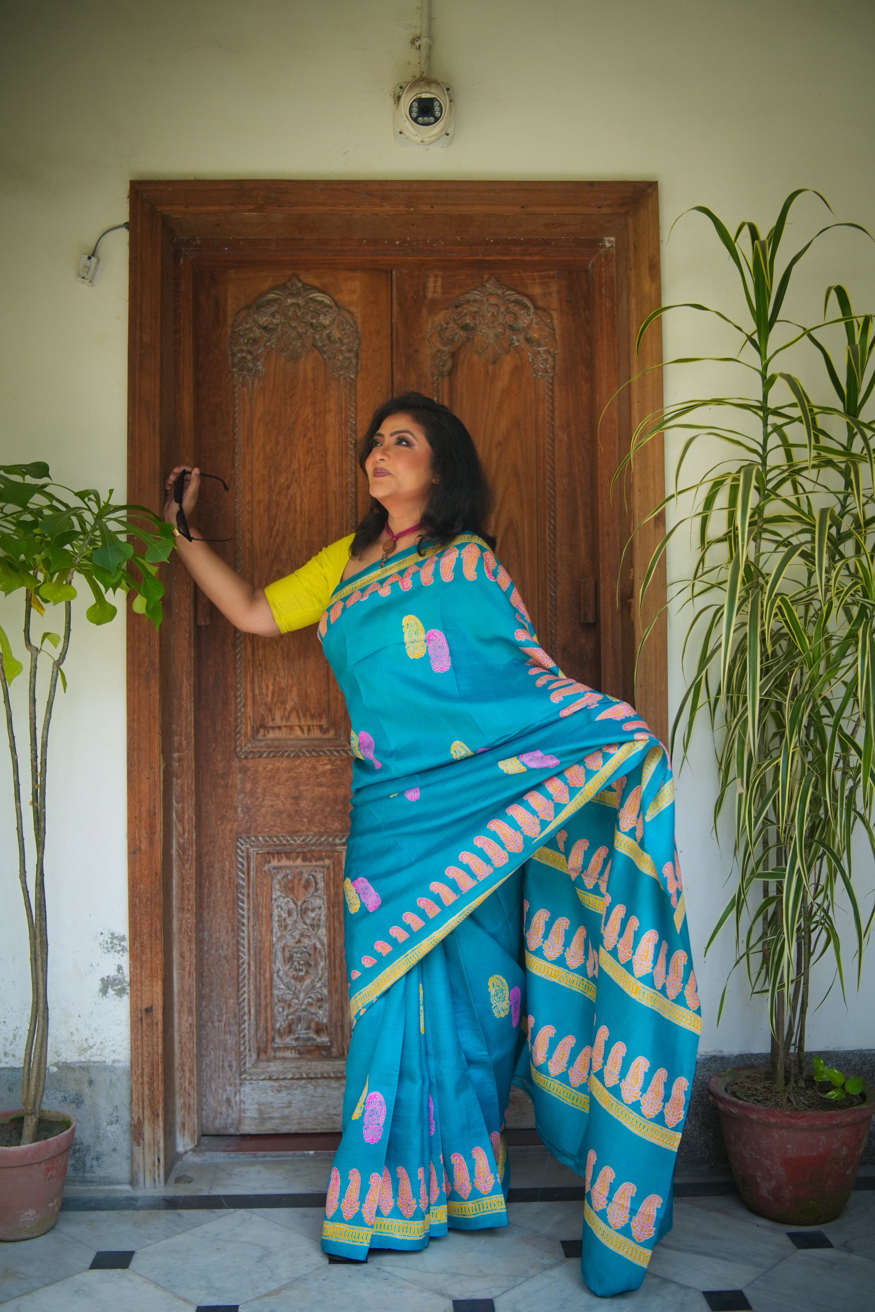 SAREE SILK T.BLUE DISCHARGE PRNT LALIE