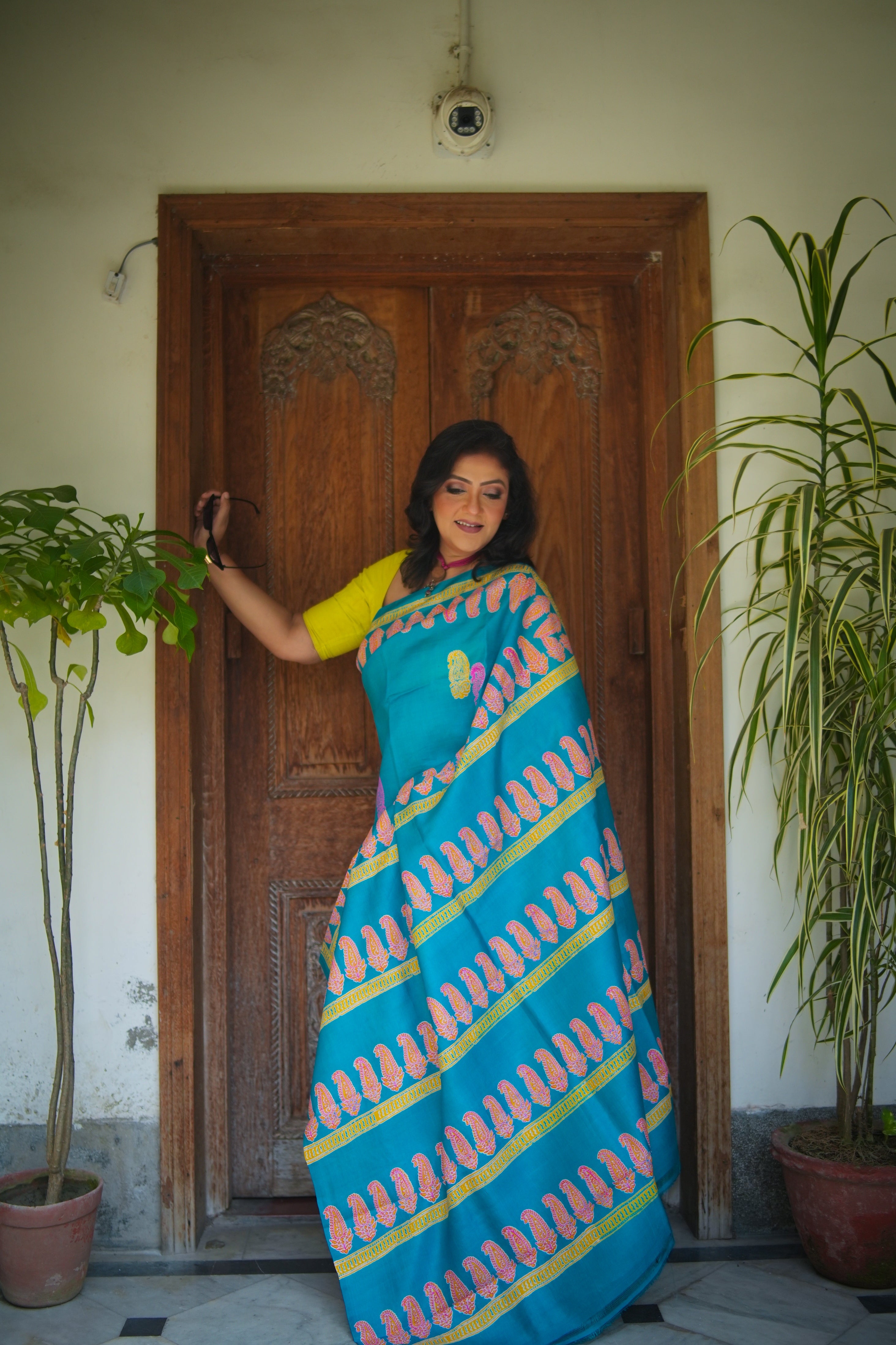 SAREE SILK T.BLUE DISCHARGE PRNT LALIE