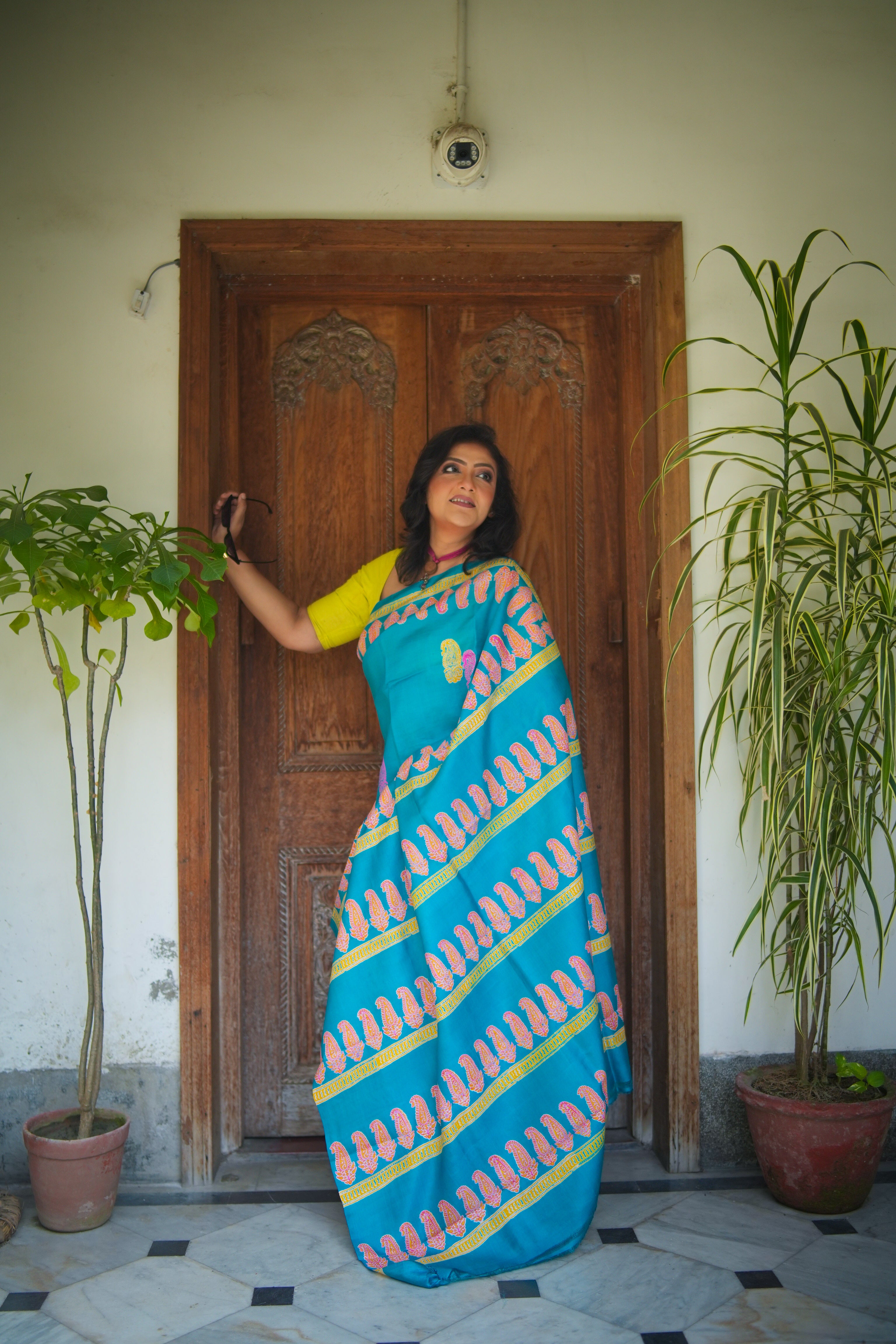 SAREE SILK T.BLUE DISCHARGE PRNT LALIE