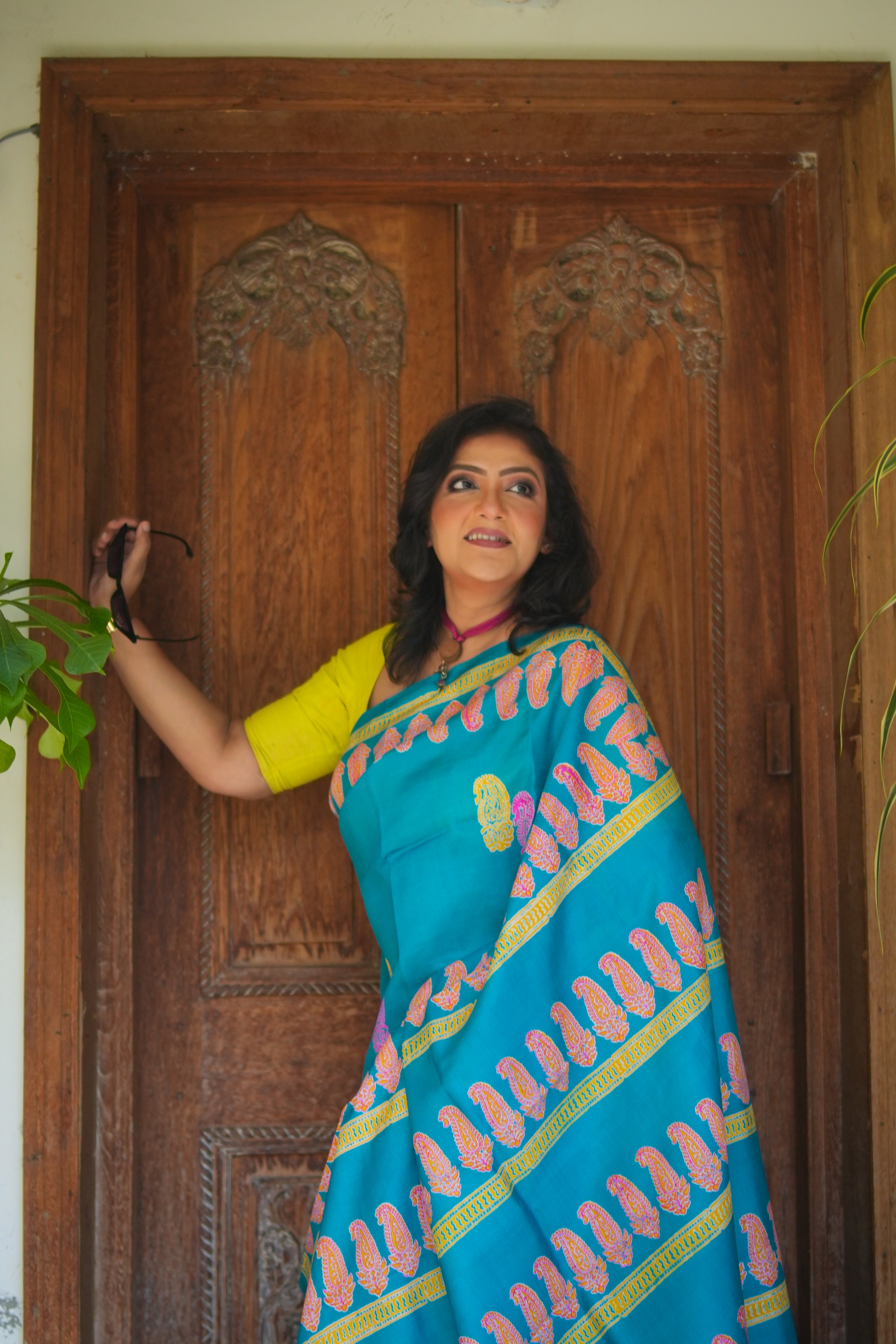 SAREE SILK T.BLUE DISCHARGE PRNT LALIE