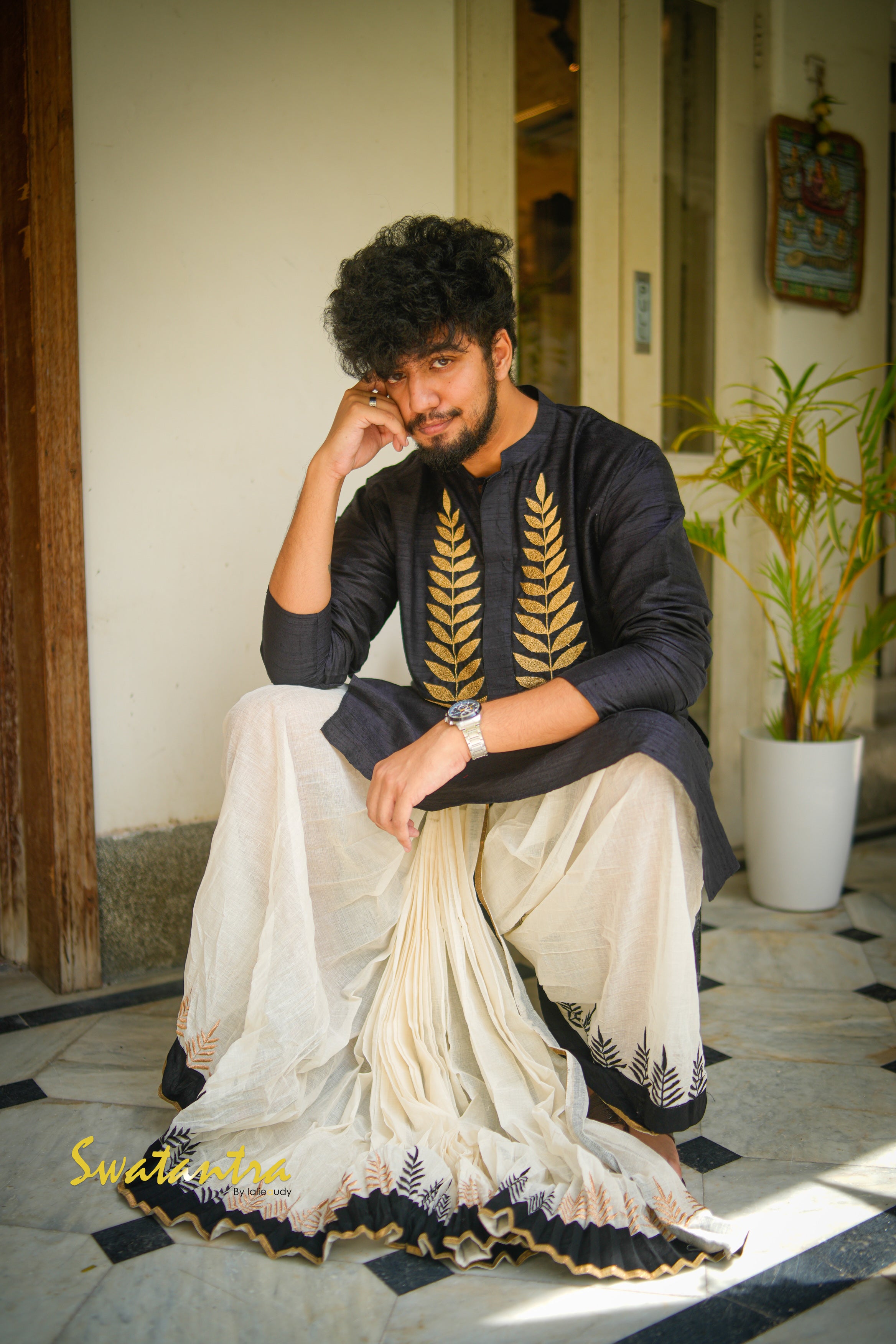 GK BLACK RAW SILK DEBASHRUTO - DHOTI