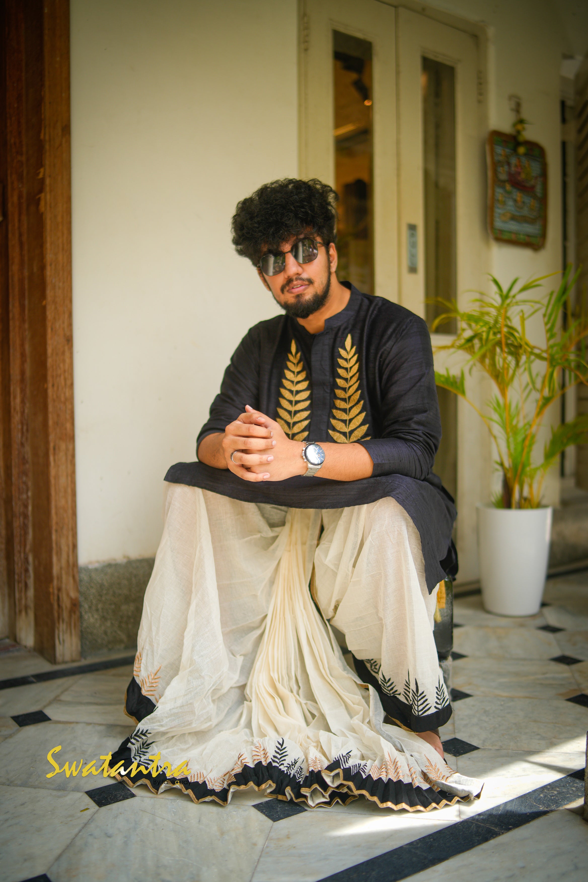 GK BLACK RAW SILK DEBASHRUTO - DHOTI