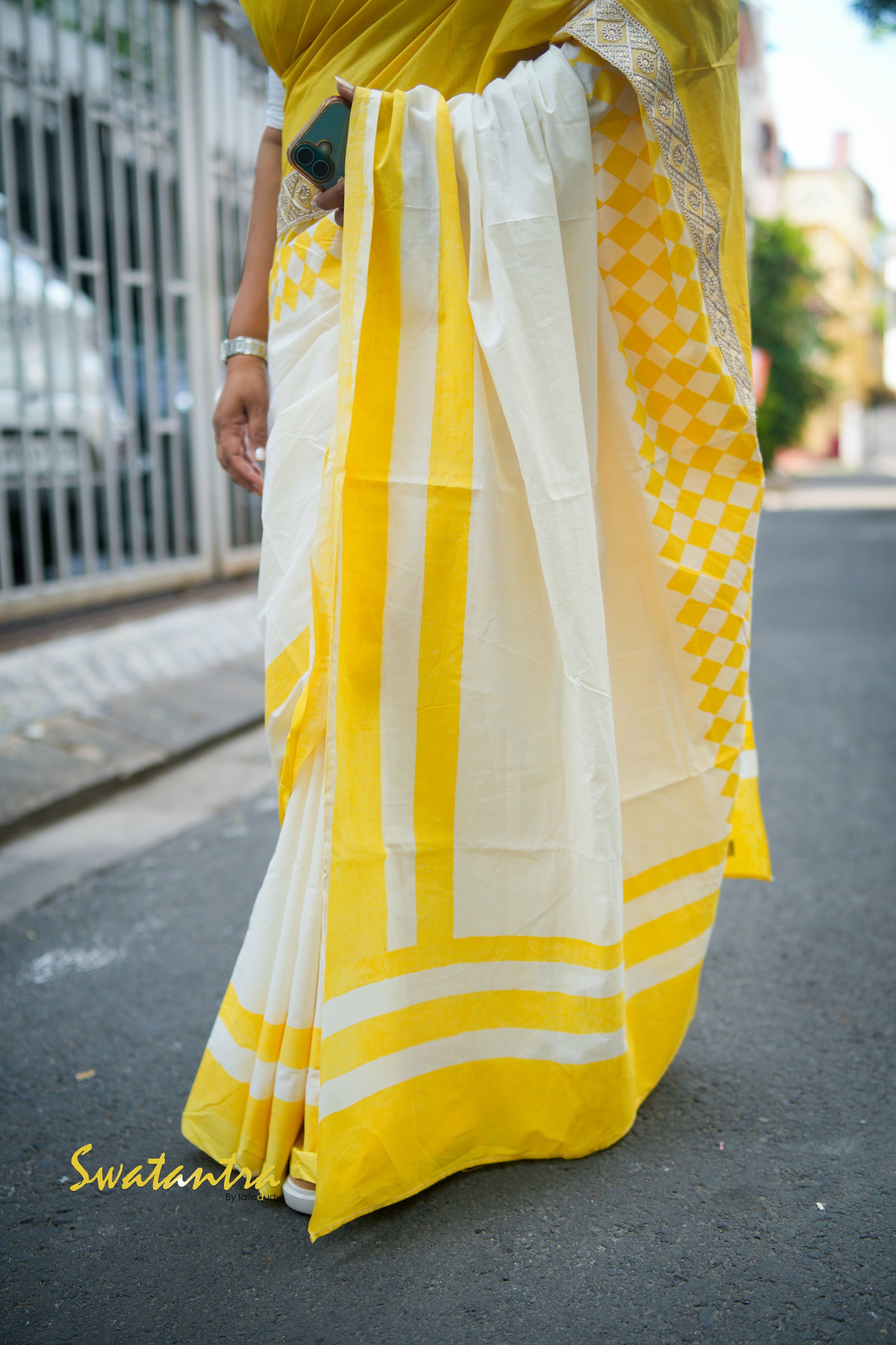 OFFWHITE YELLOW LALIE-SSR-COTTON SAREE