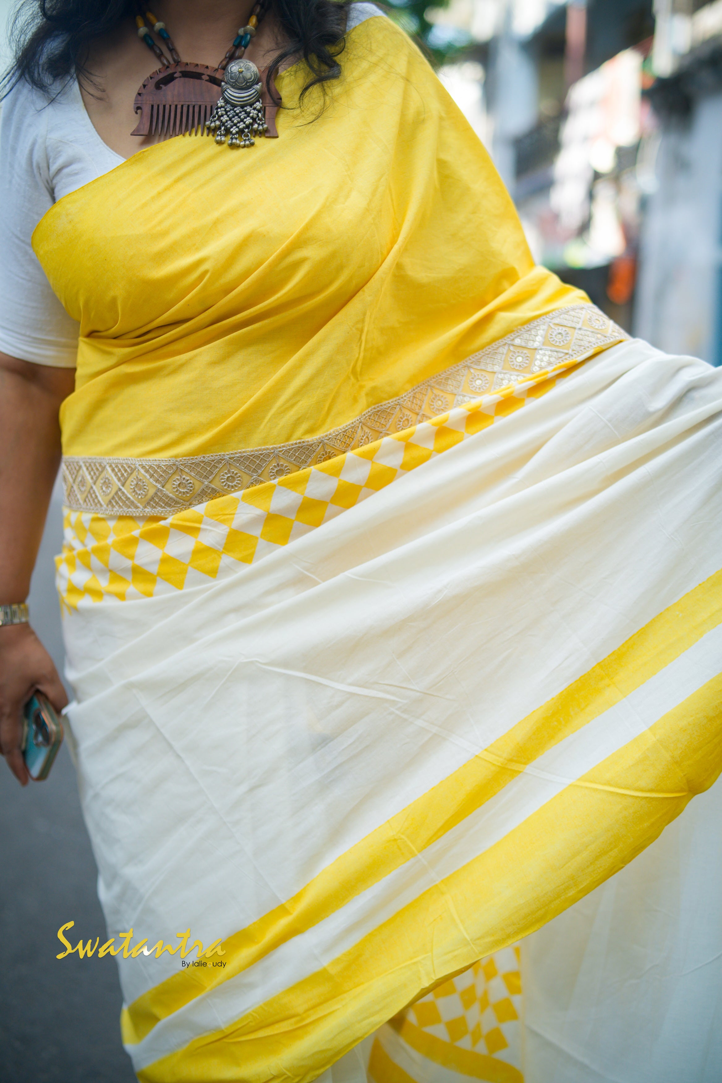 OFFWHITE YELLOW LALIE-SSR-COTTON SAREE
