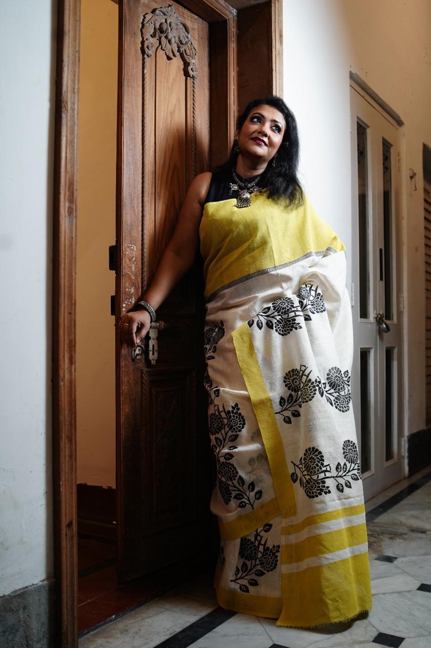 Saree Linen matka yellow black Lalie