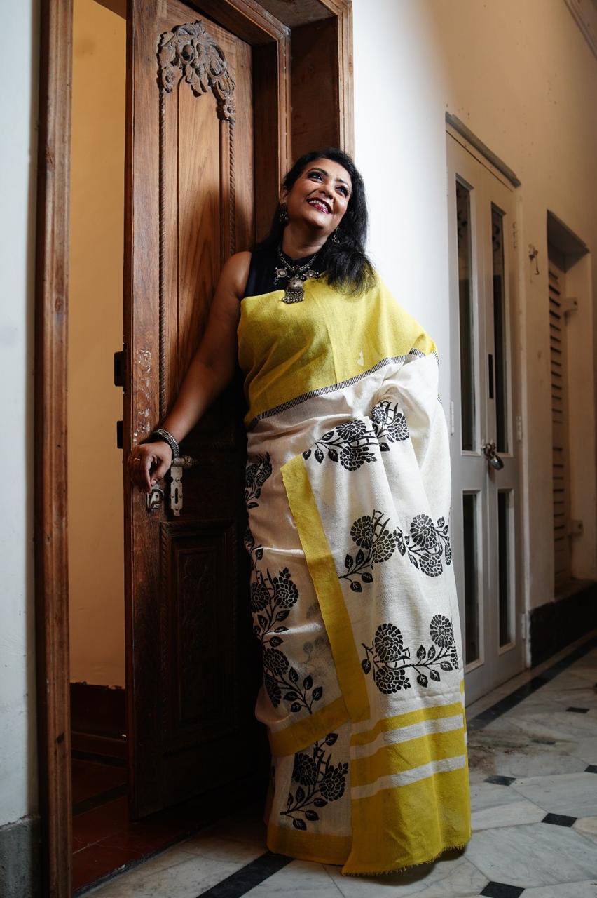 Saree Linen matka yellow black Lalie