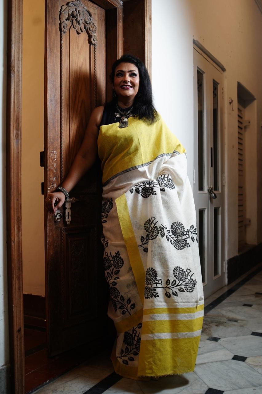 Saree Linen matka yellow black Lalie