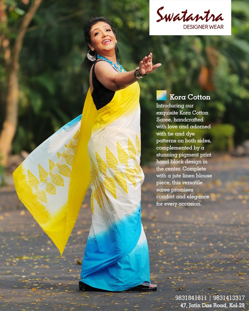 SAREE KORA COTTON YELLOW BLUE LALIE